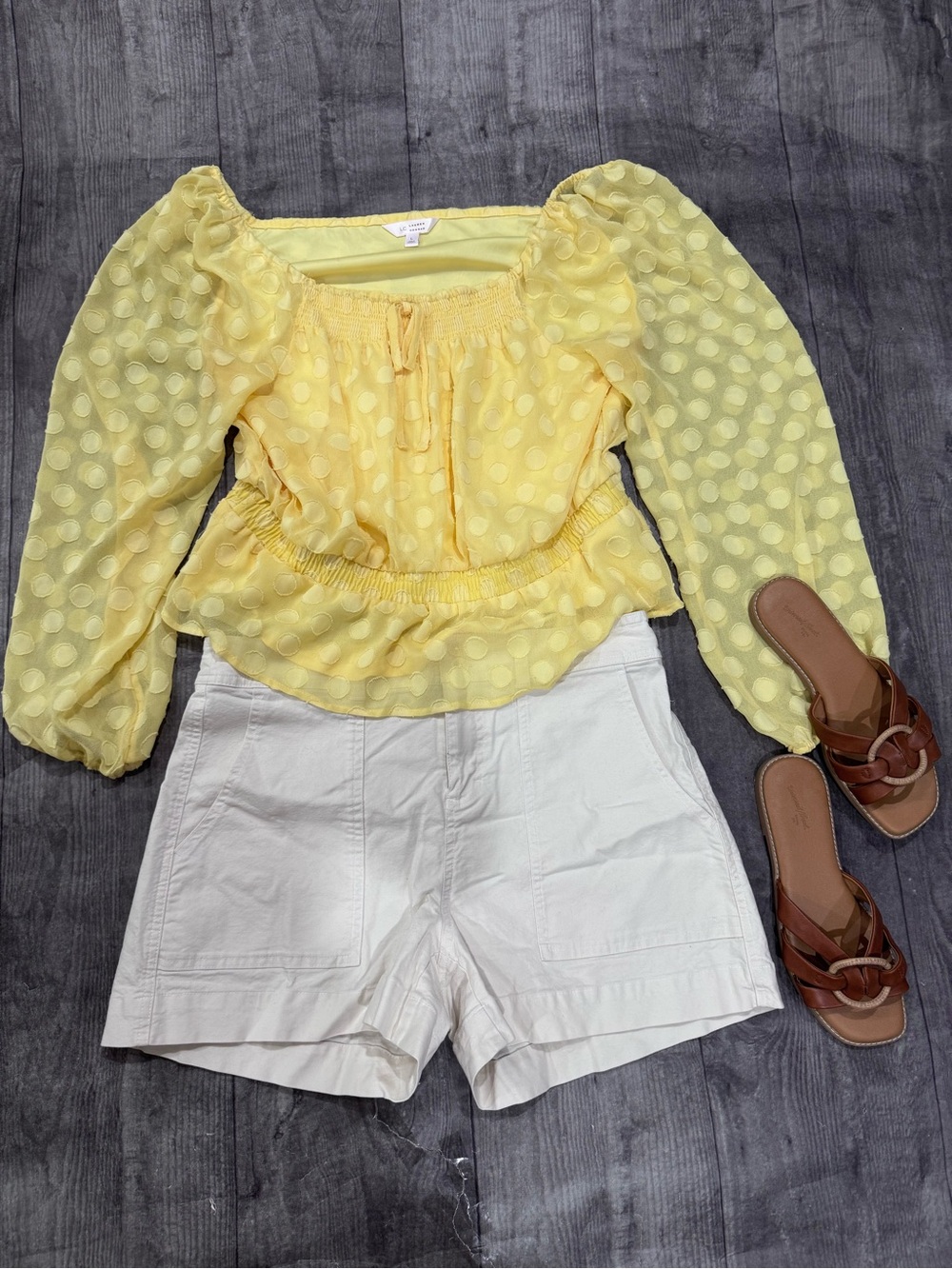 Lauren Conrad Yellow Swiss Dot Smocked Peasant Top
